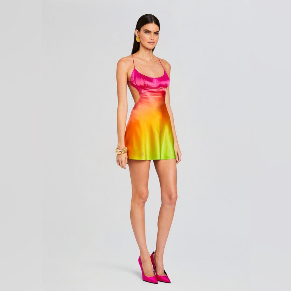 Retrofete One-Shoulder Ombre Satin Mini Dress in Pink-Orange-Green - Picture 3 of 12